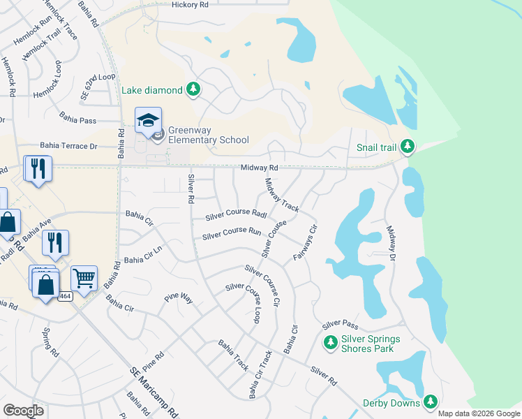 map of restaurants, bars, coffee shops, grocery stores, and more near 575 Silver Course Pass in Ocala