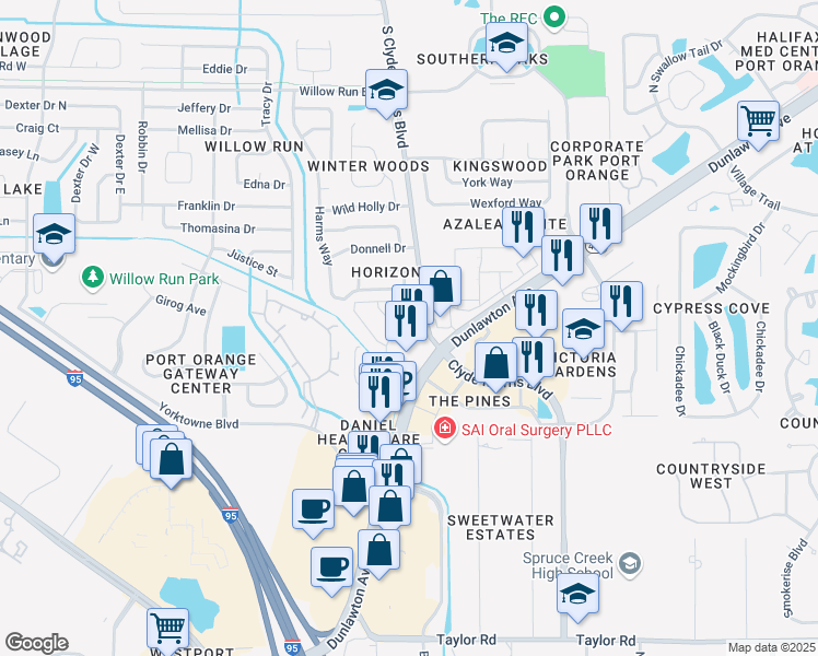 map of restaurants, bars, coffee shops, grocery stores, and more near 4904 South Clyde Morris Boulevard in Port Orange