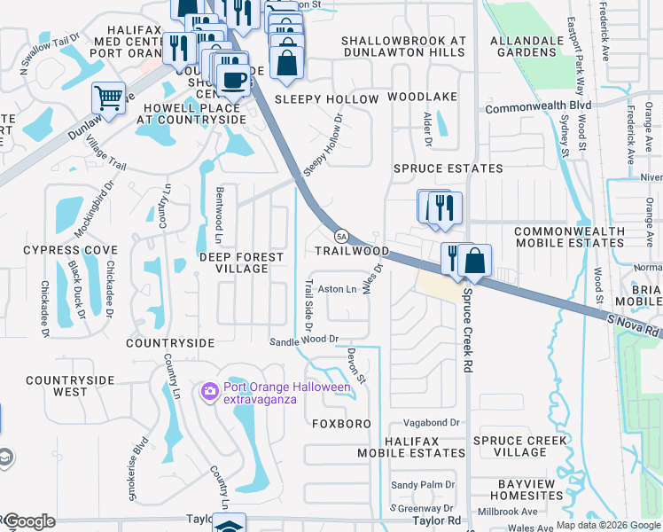 map of restaurants, bars, coffee shops, grocery stores, and more near 983 Wendam Court in Port Orange