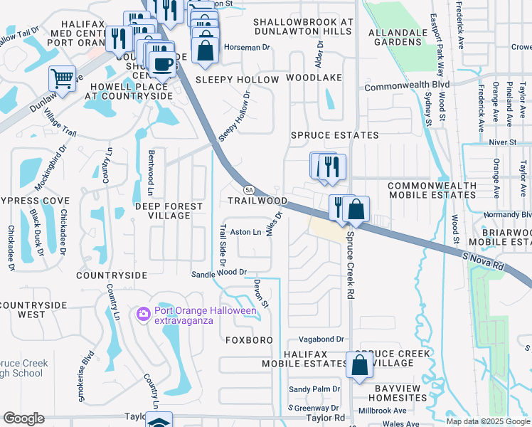 map of restaurants, bars, coffee shops, grocery stores, and more near 995 Wendam Court in Port Orange