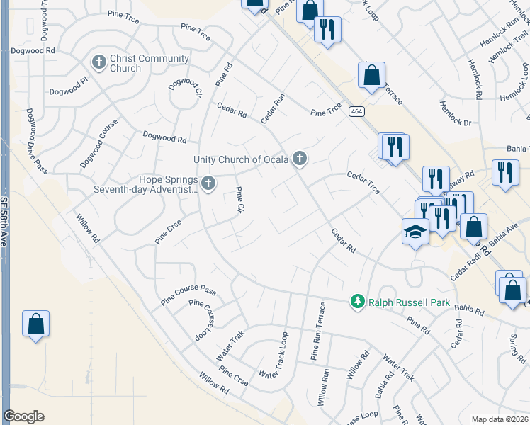 map of restaurants, bars, coffee shops, grocery stores, and more near 21 Cedar Tree Pass in Ocala