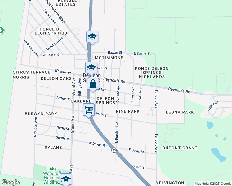 map of restaurants, bars, coffee shops, grocery stores, and more near 295 Webb Avenue in De Leon Springs