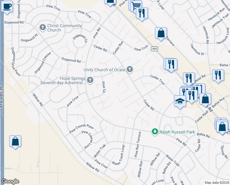 map of restaurants, bars, coffee shops, grocery stores, and more near 21 Cedar Tree Pass in Ocala