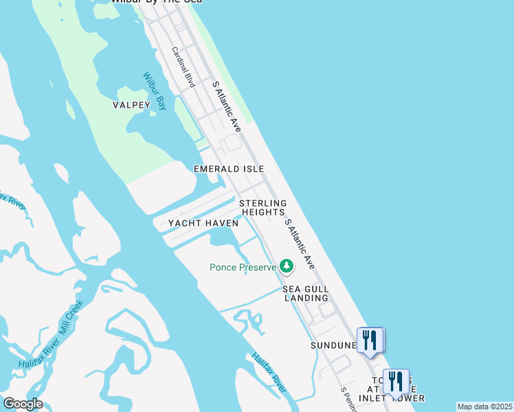 map of restaurants, bars, coffee shops, grocery stores, and more near 4356 South Atlantic Avenue in Ponce Inlet