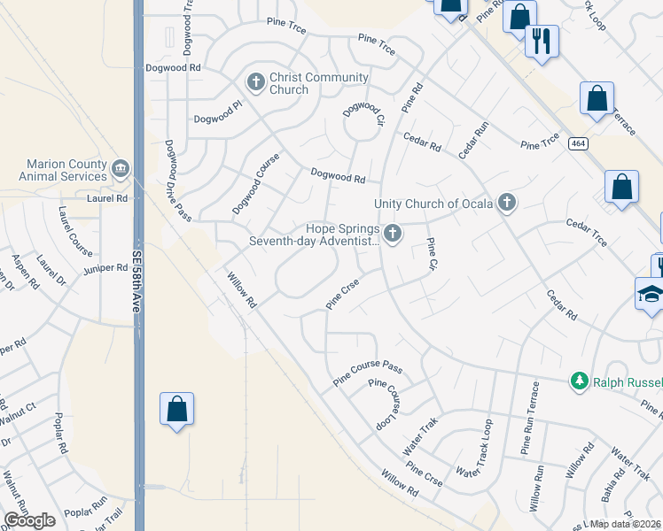 map of restaurants, bars, coffee shops, grocery stores, and more near 79 Dogwood Loop in Ocala