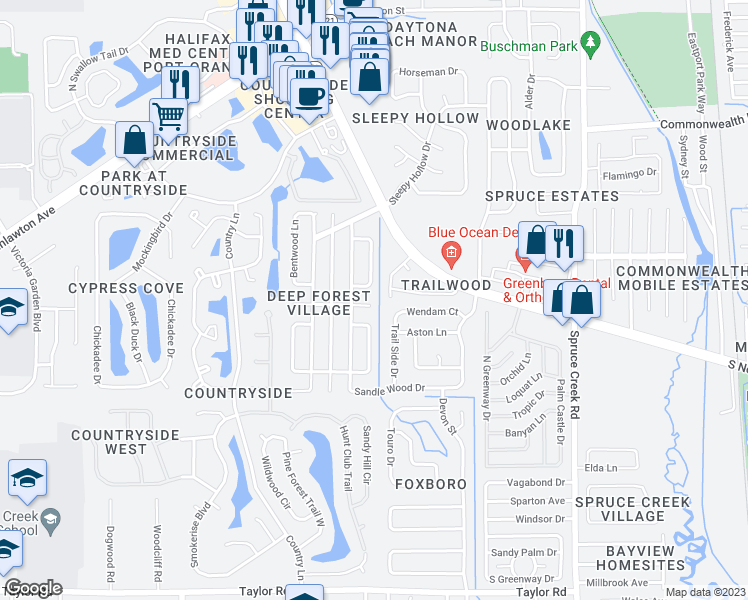 map of restaurants, bars, coffee shops, grocery stores, and more near 903 Timberwood Drive in Port Orange