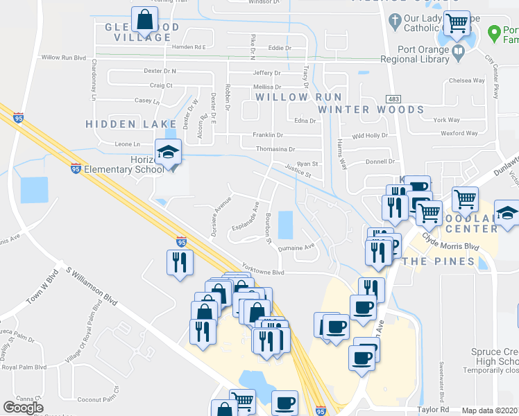 map of restaurants, bars, coffee shops, grocery stores, and more near 3821 Esplanade Avenue in Port Orange