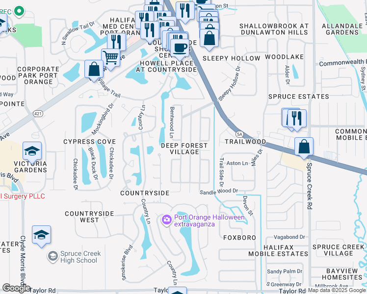 map of restaurants, bars, coffee shops, grocery stores, and more near 939 Sand Crest Drive in Port Orange