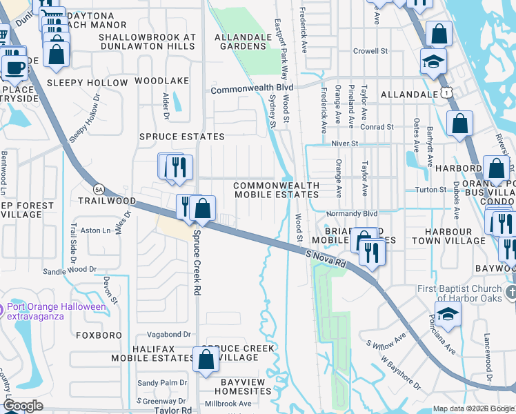 map of restaurants, bars, coffee shops, grocery stores, and more near 5638 James Drive in Port Orange