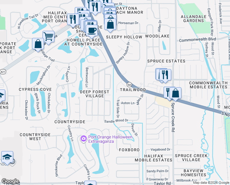map of restaurants, bars, coffee shops, grocery stores, and more near 903 Timberwood Drive in Port Orange
