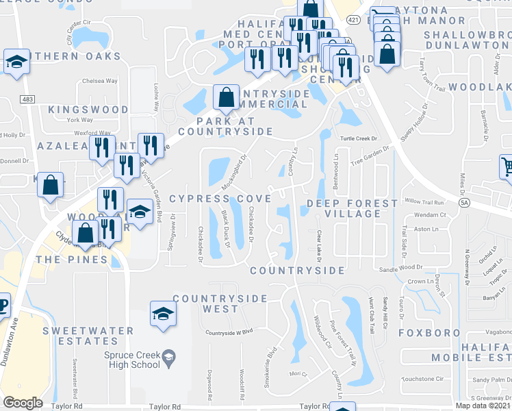 map of restaurants, bars, coffee shops, grocery stores, and more near 941 Chickadee Drive in Port Orange