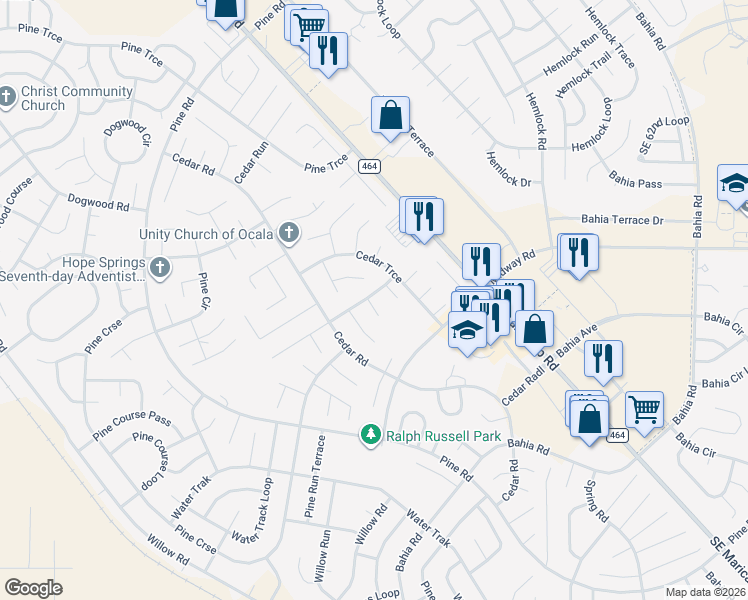 map of restaurants, bars, coffee shops, grocery stores, and more near 1 Cedar Tree Place in Ocala