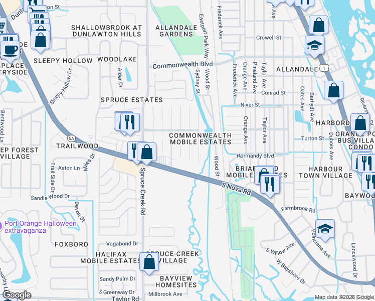 map of restaurants, bars, coffee shops, grocery stores, and more near 5638 James Drive in Port Orange