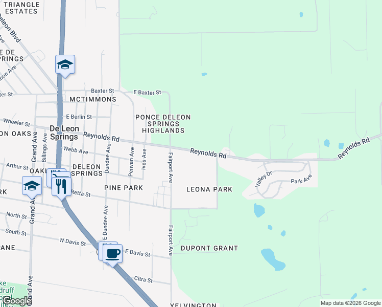map of restaurants, bars, coffee shops, grocery stores, and more near 847 Reynolds Road in De Leon Springs