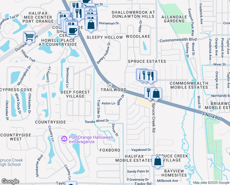 map of restaurants, bars, coffee shops, grocery stores, and more near 995 Wendam Court in Port Orange