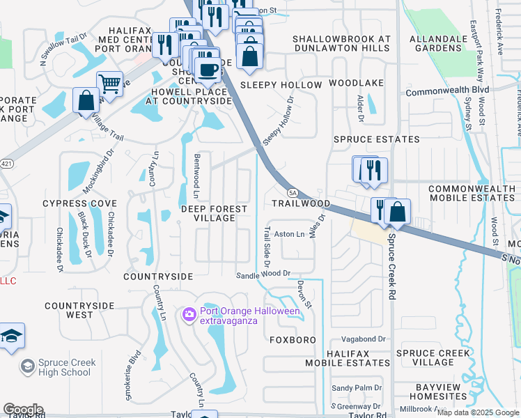 map of restaurants, bars, coffee shops, grocery stores, and more near 3960 Oak Trail Run in Port Orange