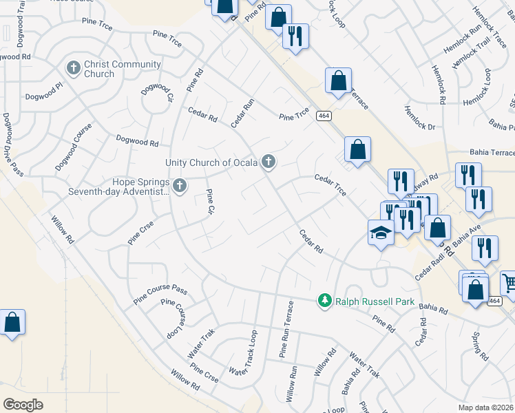 map of restaurants, bars, coffee shops, grocery stores, and more near 16 Cedar Tree Trce in Ocala