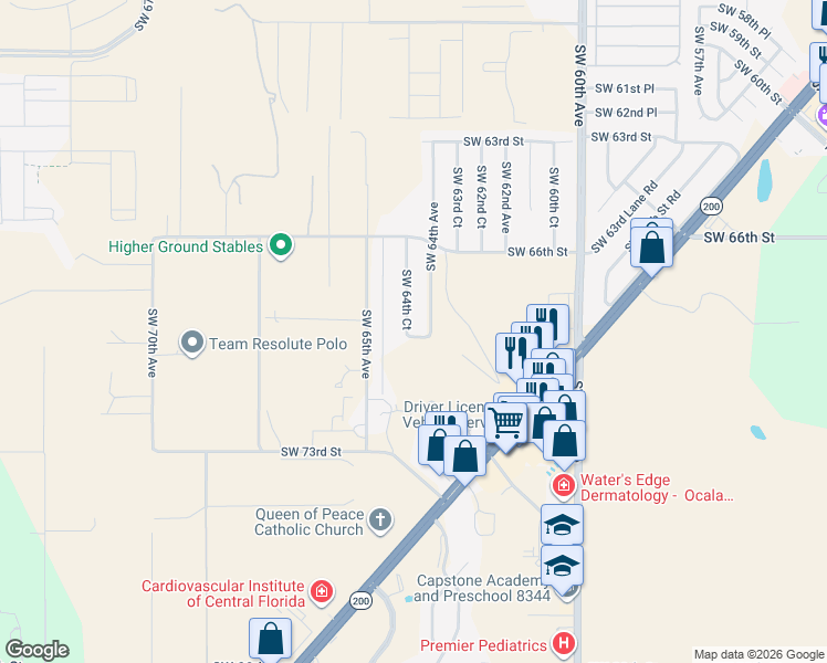 map of restaurants, bars, coffee shops, grocery stores, and more near 6749 Southwest 64th Court in Ocala