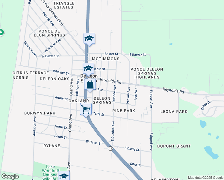 map of restaurants, bars, coffee shops, grocery stores, and more near 295 Webb Avenue in De Leon Springs