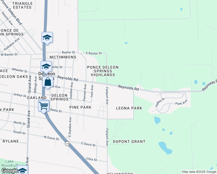 map of restaurants, bars, coffee shops, grocery stores, and more near 5091 Fairport Avenue in De Leon Springs