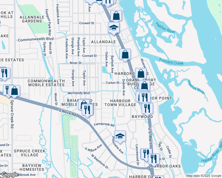 map of restaurants, bars, coffee shops, grocery stores, and more near 5415 Barhydt Avenue in Port Orange