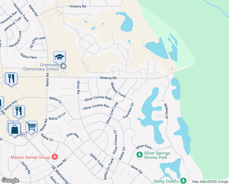map of restaurants, bars, coffee shops, grocery stores, and more near 575 Silver Course Pass in Ocala