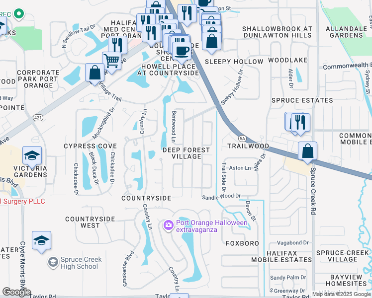 map of restaurants, bars, coffee shops, grocery stores, and more near 939 Sand Crest Drive in Port Orange