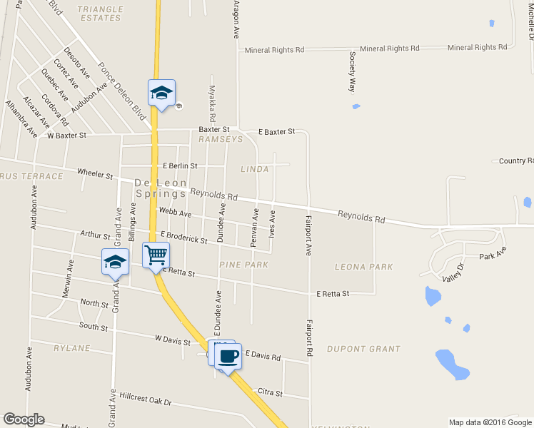 map of restaurants, bars, coffee shops, grocery stores, and more near 5020 Ives Avenue in De Leon Springs