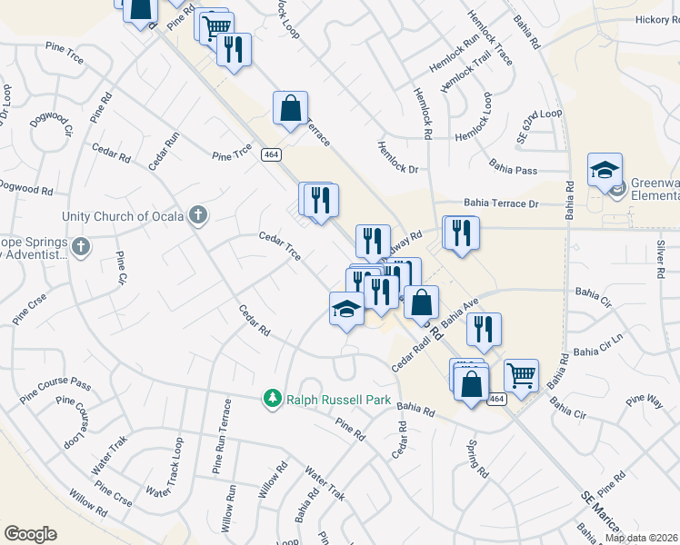 map of restaurants, bars, coffee shops, grocery stores, and more near 6 Cedar Trace Pass in Ocala