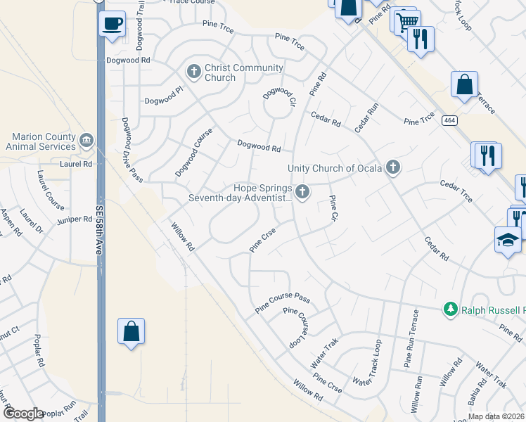 map of restaurants, bars, coffee shops, grocery stores, and more near 79 Dogwood Loop in Ocala