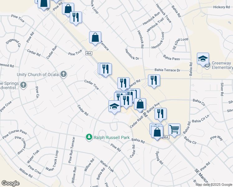 map of restaurants, bars, coffee shops, grocery stores, and more near 4 Midway Court in Ocala