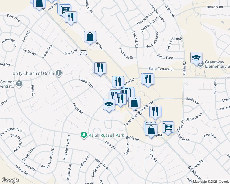 map of restaurants, bars, coffee shops, grocery stores, and more near 7563 Southeast Maricamp Road in Ocala