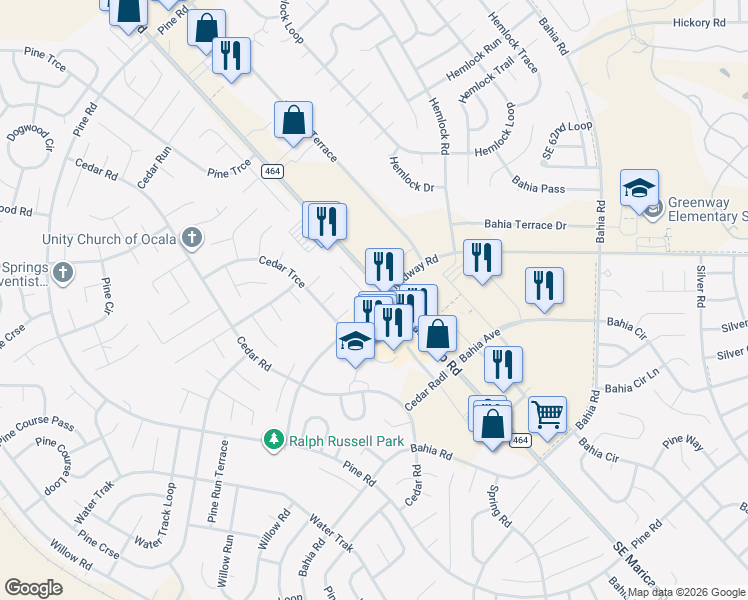 map of restaurants, bars, coffee shops, grocery stores, and more near 7563 Southeast Maricamp Road in Ocala