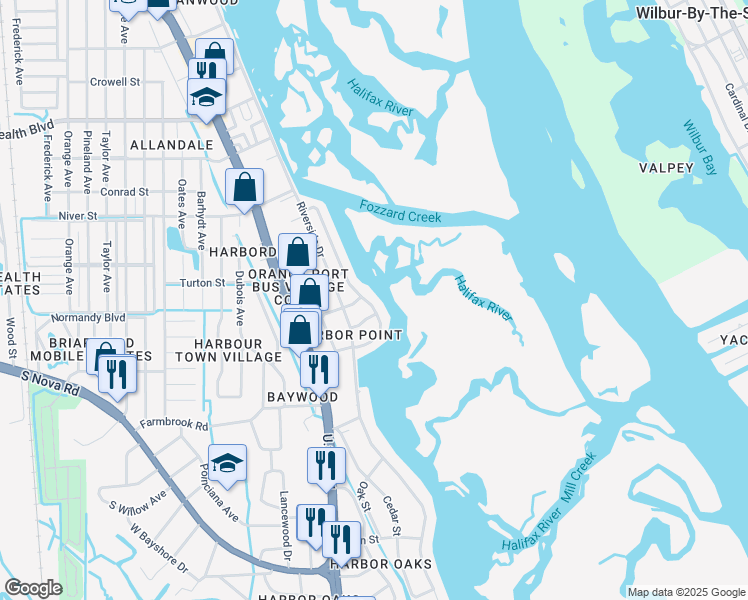 map of restaurants, bars, coffee shops, grocery stores, and more near 1222 Harbour Point Drive in Port Orange