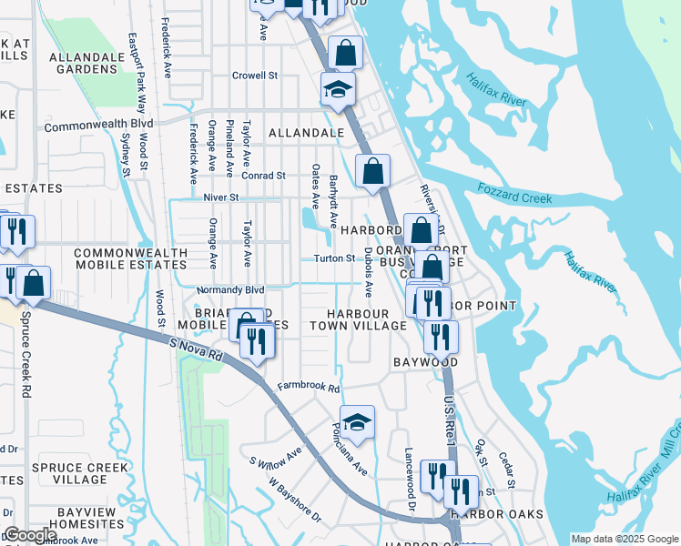 map of restaurants, bars, coffee shops, grocery stores, and more near 5415 Barhydt Avenue in Port Orange