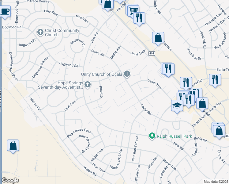 map of restaurants, bars, coffee shops, grocery stores, and more near 21 Cedar Tree Pass in Ocala