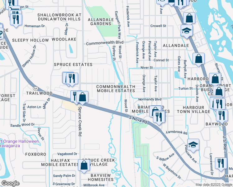 map of restaurants, bars, coffee shops, grocery stores, and more near 5629 Finley Drive in Port Orange