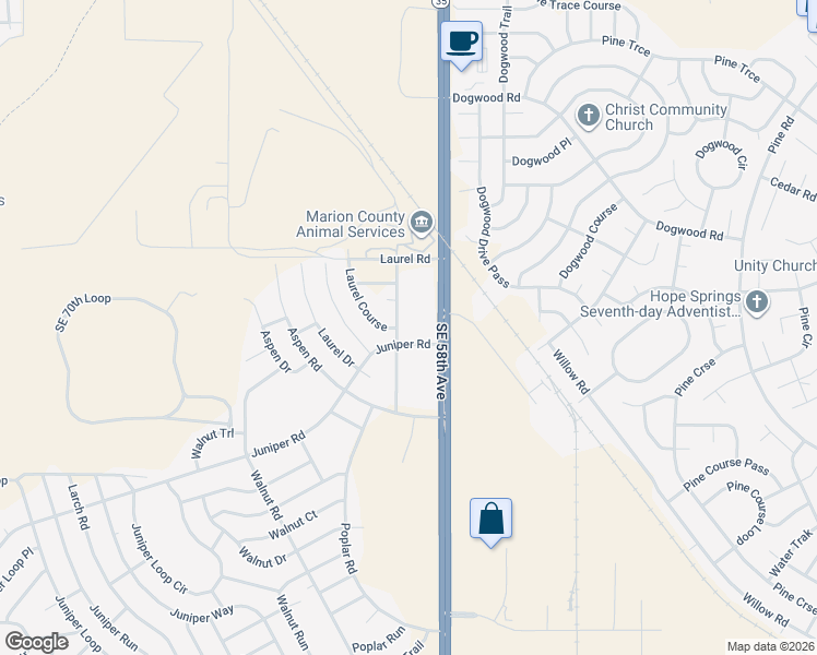 map of restaurants, bars, coffee shops, grocery stores, and more near 33 Laurel Pass in Ocala