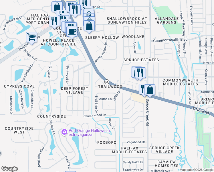 map of restaurants, bars, coffee shops, grocery stores, and more near 983 Wendam Court in Port Orange