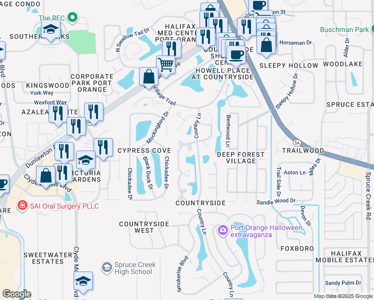 map of restaurants, bars, coffee shops, grocery stores, and more near 954b Vanessa Court in Port Orange