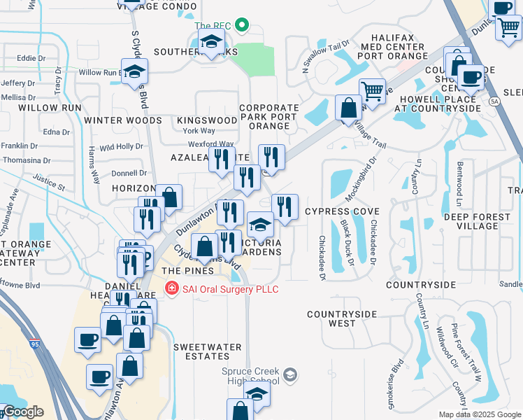 map of restaurants, bars, coffee shops, grocery stores, and more near 1402 Dunlawton Avenue in Port Orange