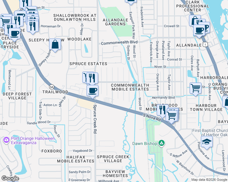 map of restaurants, bars, coffee shops, grocery stores, and more near 5635 Durant Drive in Port Orange
