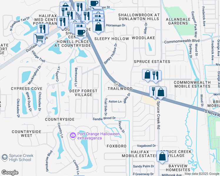 map of restaurants, bars, coffee shops, grocery stores, and more near 3960 Willow Trail Run in Port Orange