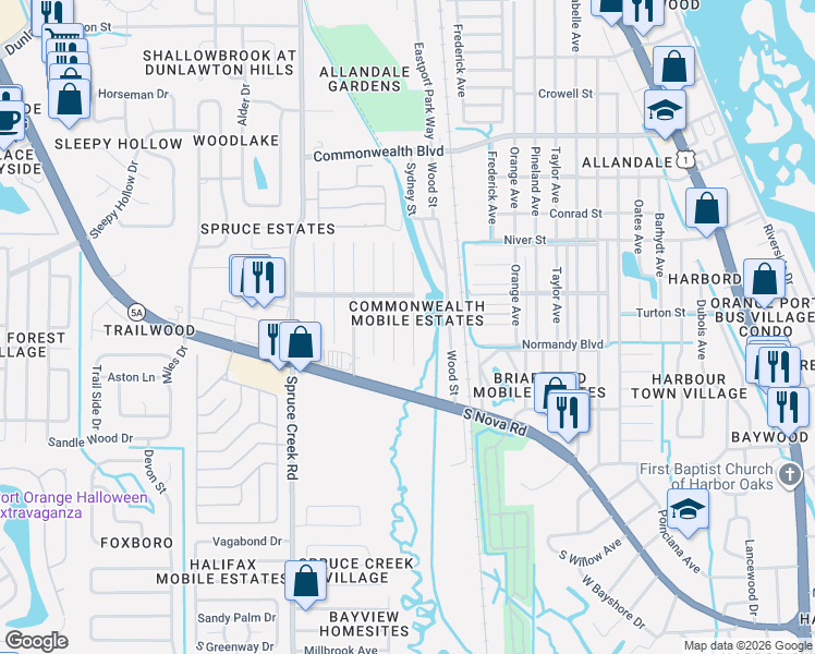 map of restaurants, bars, coffee shops, grocery stores, and more near 5638 James Drive in Port Orange