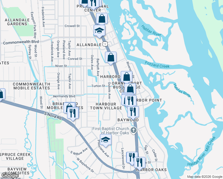 map of restaurants, bars, coffee shops, grocery stores, and more near 5408 Dubois Avenue in Port Orange
