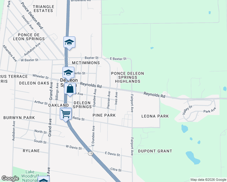 map of restaurants, bars, coffee shops, grocery stores, and more near 5020 Ives Avenue in De Leon Springs