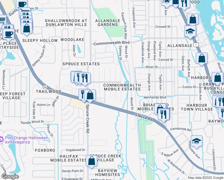 map of restaurants, bars, coffee shops, grocery stores, and more near 5638 James Drive in Port Orange