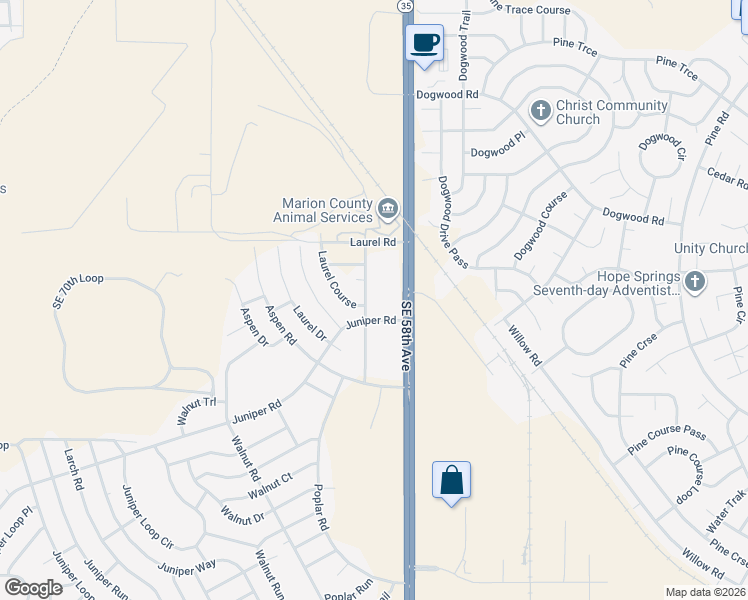 map of restaurants, bars, coffee shops, grocery stores, and more near 7710 Juniper Road in Ocala