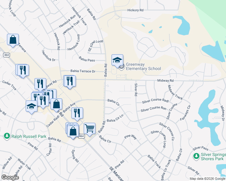 map of restaurants, bars, coffee shops, grocery stores, and more near 518 Bahia Drive in Ocala