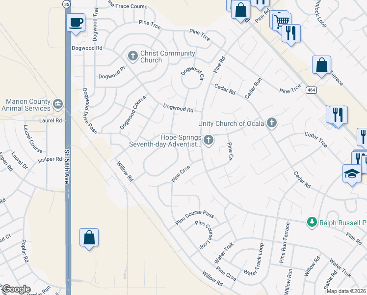 map of restaurants, bars, coffee shops, grocery stores, and more near 79 Dogwood Loop in Ocala